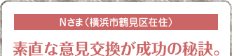 Nさま（横浜市鶴見区在住）
素直な意見交換が成功の秘訣。